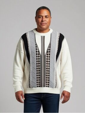 Vintage 90s Coogi Style Abstract Geometric Knit Sweater Ivory Textured L/XL